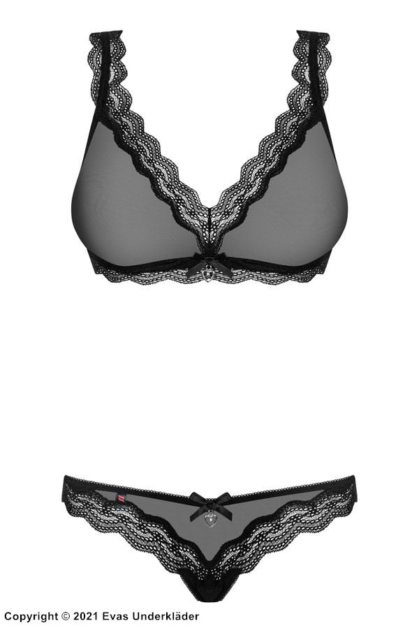 Seductive lingerie set, see-through mesh, lace trim